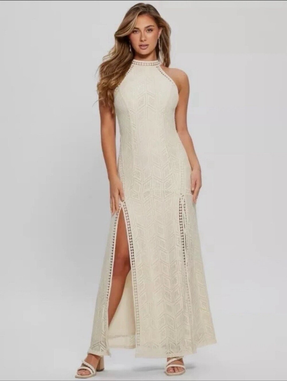 Guess By Marciano Geo-Lace Sunset Cream Maxi Dress - Elegant Halter Style